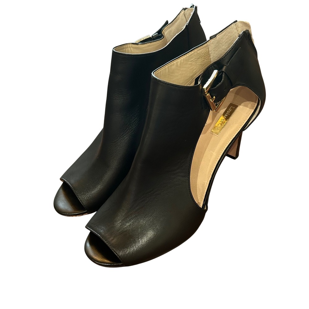 Louise et Cie Peep Toe Booties Women Black Leather Buckle Cutout Heels 12M